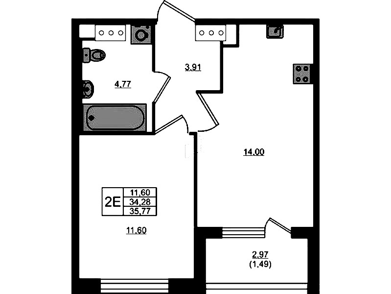 1-комнатная квартира 34.28 м², 3/5 эт., ЖК «Plus Пулковский»